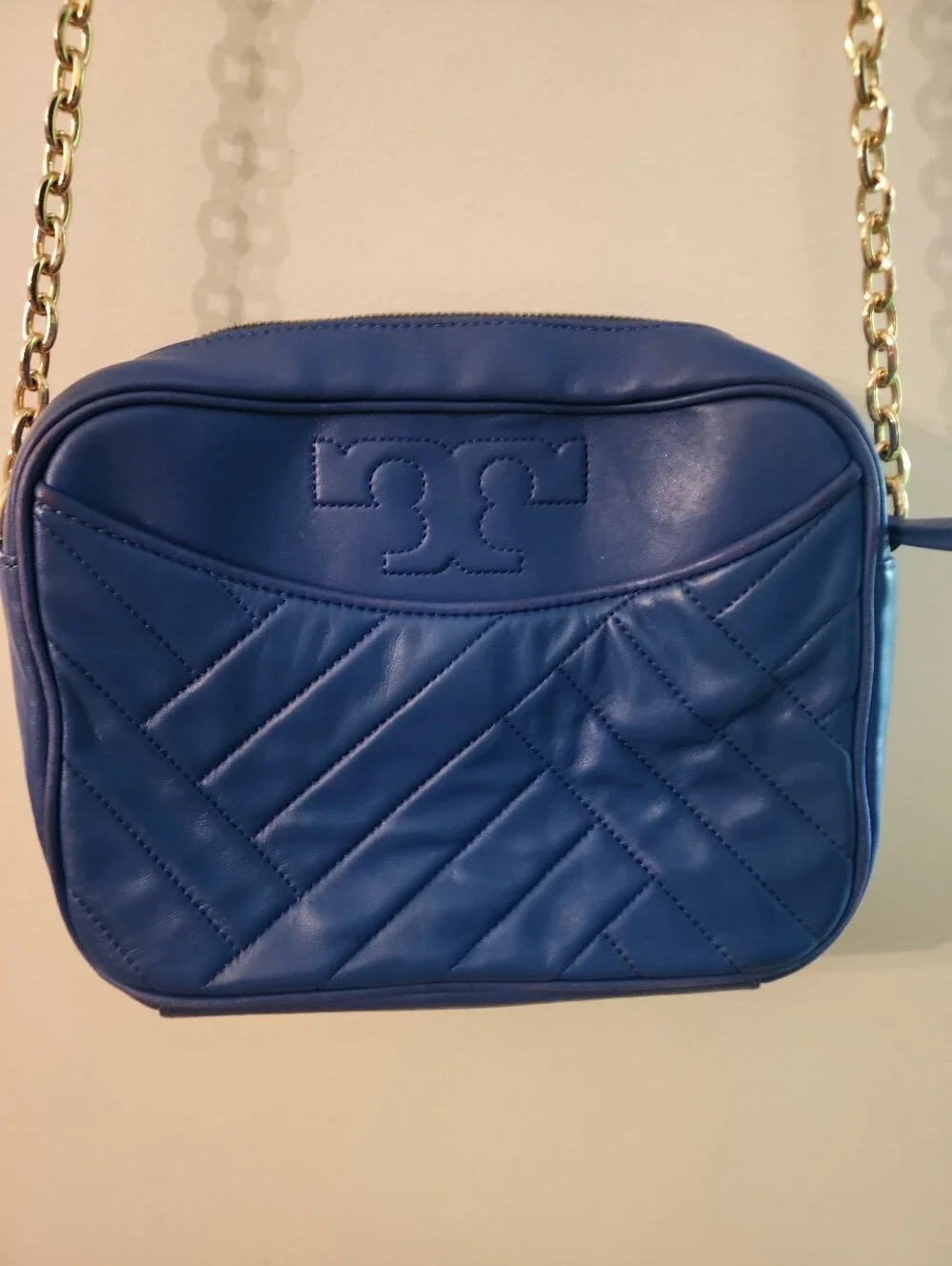 Tory Burch Alexa Royal Blue Quilted Leather Crossbody with Gold Chain